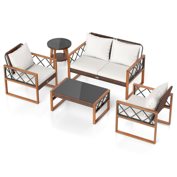 5 Pieces PE Wicker Patio Furniture Set with Acacia Wood Frame - Image 4