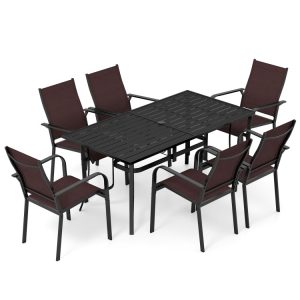 7-Piece Patio Dining Set for 6 with Rectangle Metal Table and Stackable Breathable Mesh Armchairs