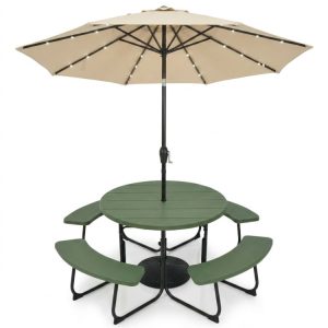 3-Piece Round Picnic Table Set with 10FT Solar LED Tilt Umbrella and Base for Patio Backyard