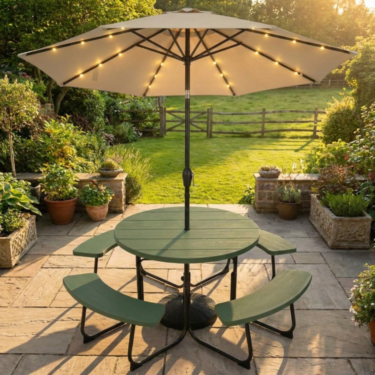 3-Piece Round Picnic Table Set with 10FT Solar LED Tilt Umbrella and Base for Patio Backyard - Image 3