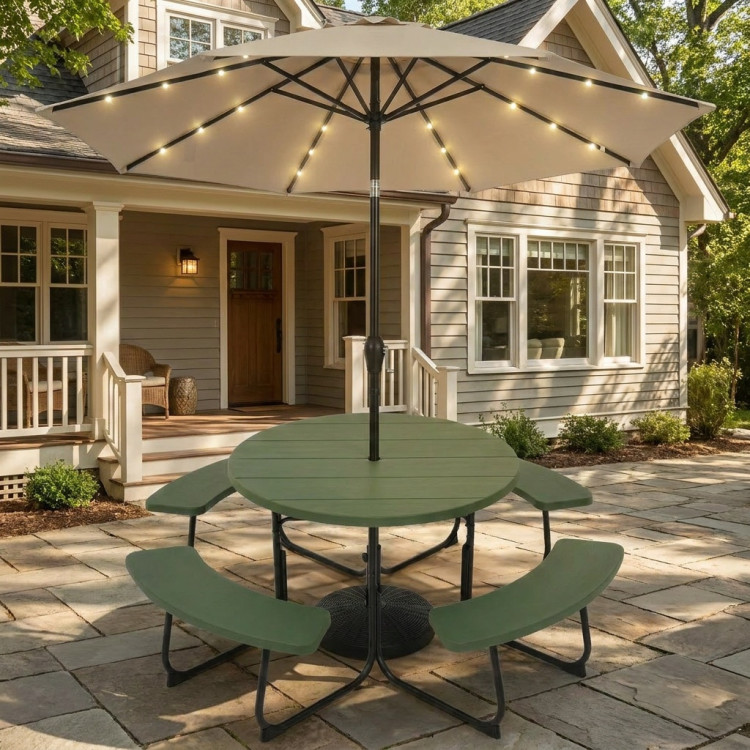3-Piece Round Picnic Table Set with 10FT Solar LED Tilt Umbrella and Base for Patio Backyard - Image 2