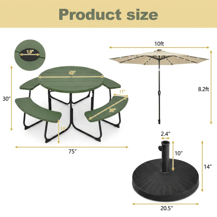 3-Piece Round Picnic Table Set with 10FT Solar LED Tilt Umbrella and Base for Patio Backyard - Image 4
