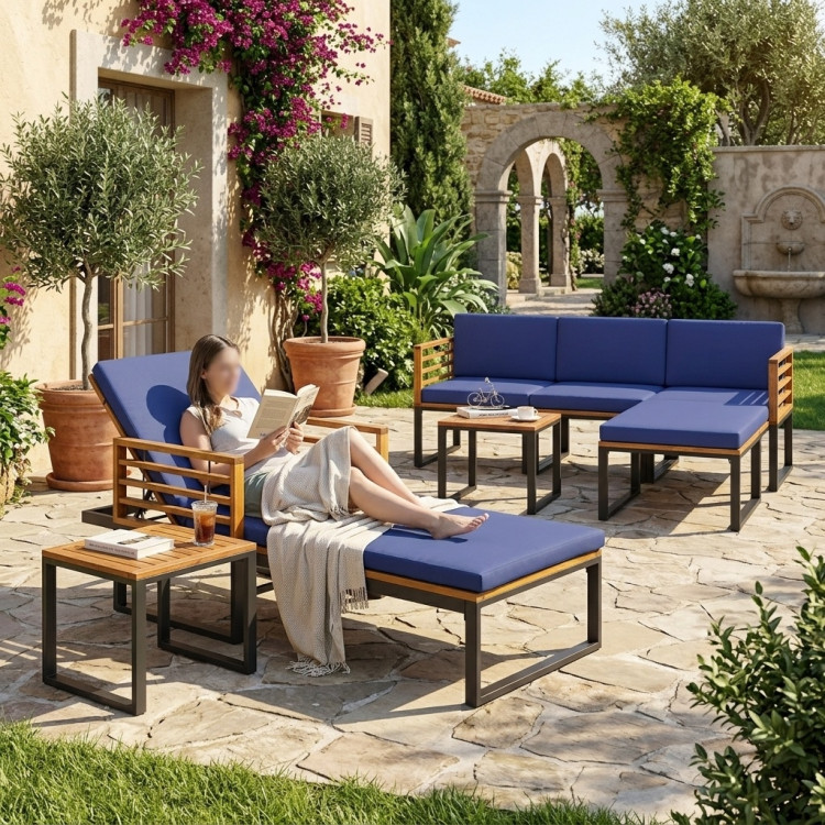 7-Piece Acacia Wood Patio Furniture Set with Adjustable Chaise Lounge Chair and Conversation Sofa Set - Image 2
