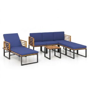 7-Piece Acacia Wood Patio Furniture Set with Adjustable Chaise Lounge Chair and Conversation Sofa Set