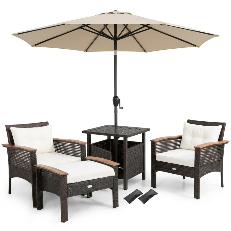 3-Piece Patio Lounge Bundle with 5-Piece PE Rattan Conversation Set, Wicker Umbrella Side Table & 7.5 FT Tilt Market Umbrella - Image 4