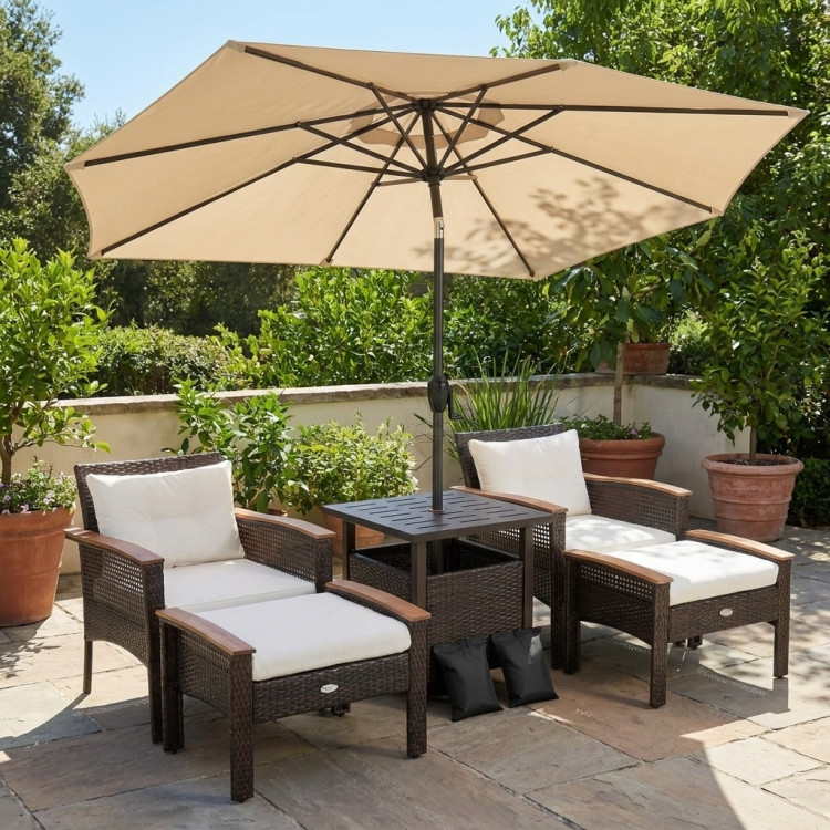 3-Piece Patio Lounge Bundle with 5-Piece PE Rattan Conversation Set, Wicker Umbrella Side Table & 7.5 FT Tilt Market Umbrella - Image 2