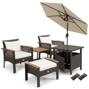 3-Piece Patio Lounge Bundle with 5-Piece PE Rattan Conversation Set, Wicker Umbrella Side Table & 7.5 FT Tilt Market Umbrella