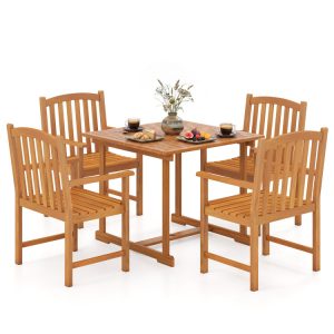 5-Piece Outdoor Square Patio Dining Set for 4 with Acacia Table & Armchairs