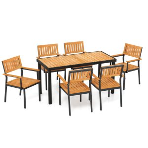 7-Piece Outdoor Dining Set for 6 with Acacia Table & Armchairs and Umbrella Hole