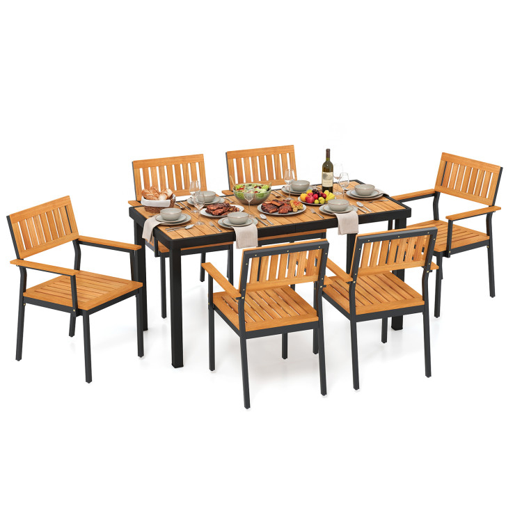 7-Piece Outdoor Dining Set for 6 with Acacia Table & Armchairs and Umbrella Hole - Image 4