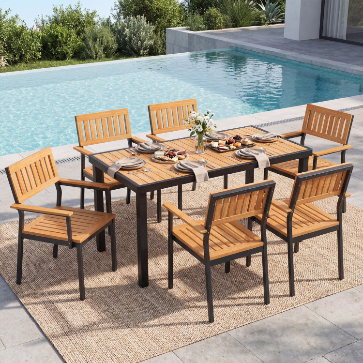 7-Piece Outdoor Dining Set for 6 with Acacia Table & Armchairs and Umbrella Hole - Image 2