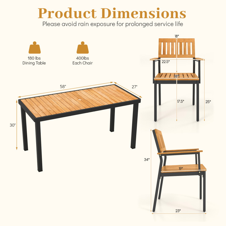 7-Piece Outdoor Dining Set for 6 with Acacia Table & Armchairs and Umbrella Hole - Image 5