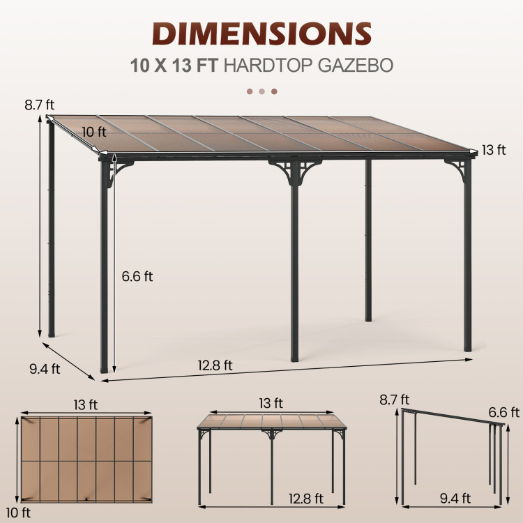 Wall-Mounted Patio Gazebo Large Outdoor Hardtop Pergola with Sloped Polycarbonate Roof - Image 5