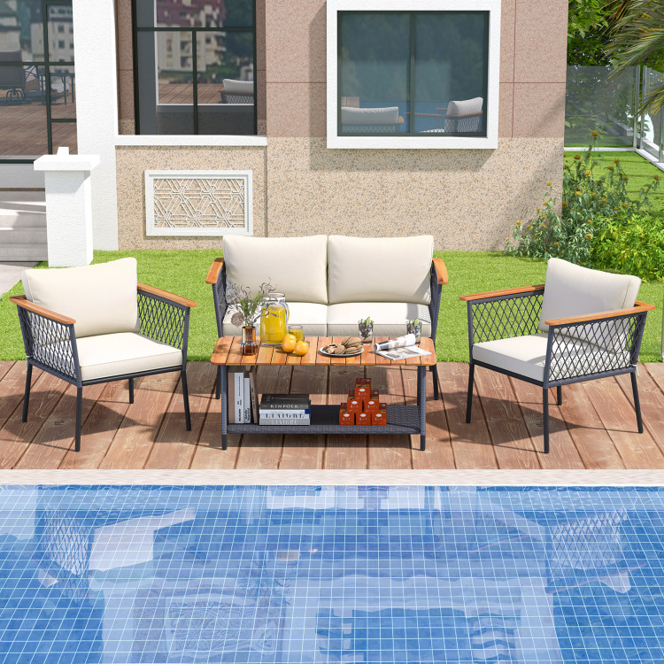 4 Piece Patio Rattan Furniture Set with 2-Tier Coffee Table - Image 6