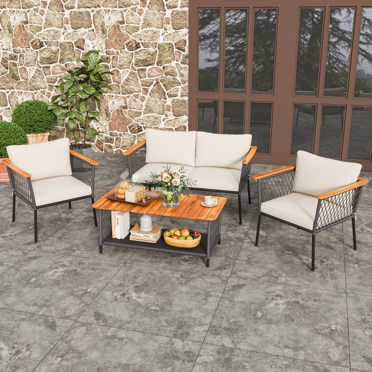 4 Piece Patio Rattan Furniture Set with 2-Tier Coffee Table - Image 2